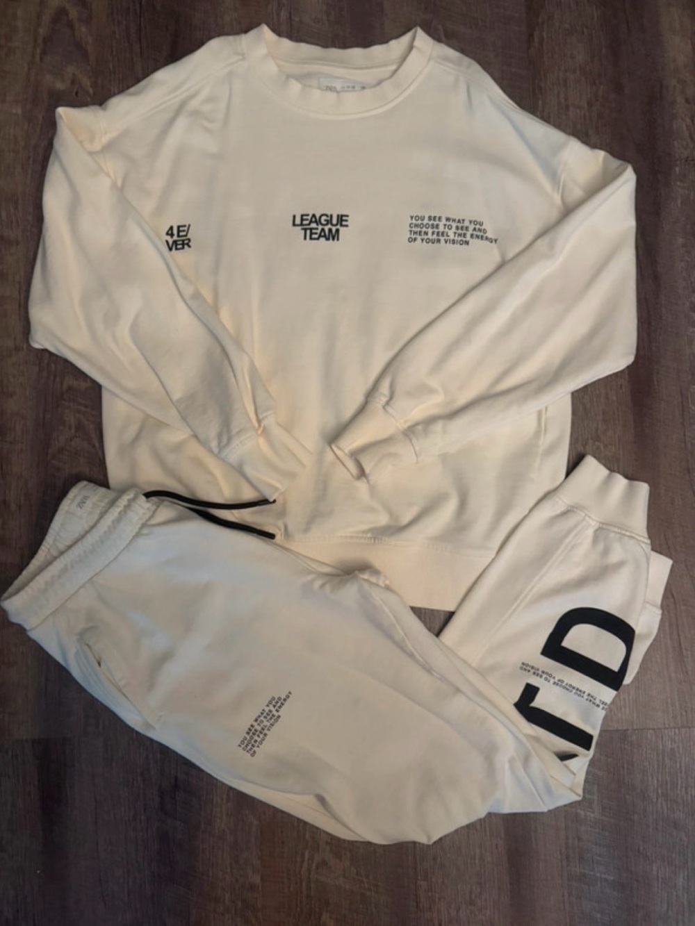 Zara Kids Cream Sweatshirt and Joggers Set with Black Text